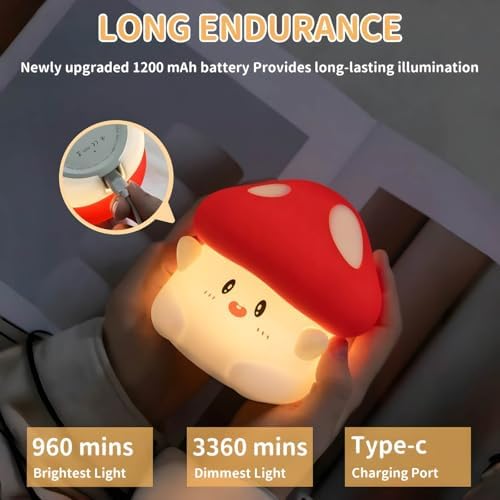 Mushroom Night Light for Kids, Cute Squishy Silicone Mushroom Lamp, 50-Hour Rechargeable Bedside Nursery Light with Tap Control, 30-Min Auto-Off Timer, Kawaii Room Decor Gift for Girls
