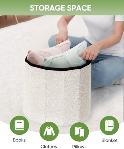 B FSOBEIIALEO Storage Ottoman Cube, Round Ottoman with Storage, Cream White