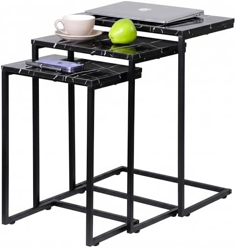 SUPER DEAL Nesting Tables Set of 3, Industrial C Shaped End Table Stackable Coffee Table Heavy Duty Metal Frame for Small Space, Living Room, Bedroom, Side Table Tray for Laptop Snack, Black