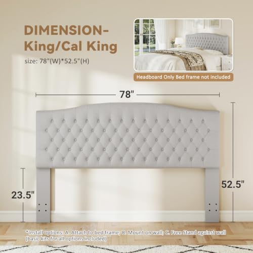 Befurtori King Headboard Only, Velvet Classic Tufted Design, Light Gray