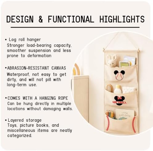 3-Pocket Hanging Wall Organizer, Baseball Theme Over Door Storage
