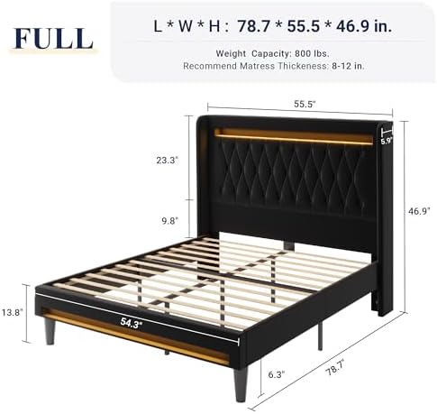 Allewie Full Size Upholstered Bed Frame with LED & Charging Station, Black