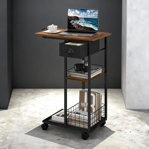 Hayexiha 3-Tier Side Table with Wheels and 360° Rotation, C Table with Drawer, End Table for Couch, Space Saving Small Desk for Narrow Space, TV Tray, Vintage Bedside Table for Living Room, Bedroom