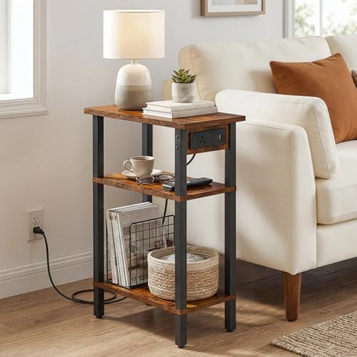 HOOBRO Narrow Side Table, 3-Tier Slim End Table with Charging Station, Skinny Nightstand with Open Storage, for Small Spaces, Living Room, Bedroom, Study, Rustic Brown and Black BF340UBZ01