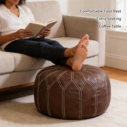 Thgonwid Round Unstuffed Pouf Cover, Faux Leather Storage Ottoman, Boho Moroccan Foot Stool, Multi-Purpose Home Decor for Living Room, Bedroom and Balcony, Deep Coffee, No Filling Included