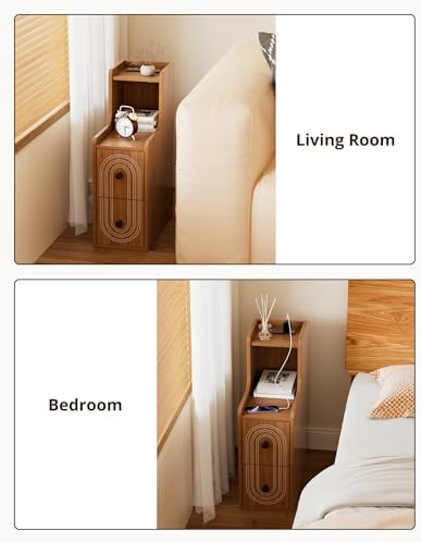 Set of 2 Narrow End Table with Charging Station, Walnut Skinny Bedside Tables with Storage Drawers, Small Side Tables for Small Spaces, Bedroom