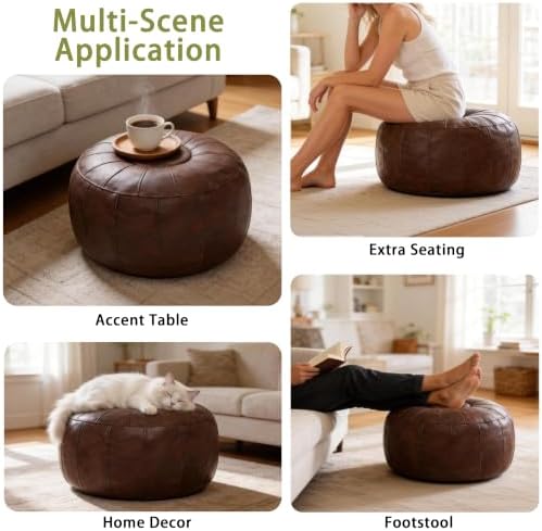 Thgonwid Unstuffed Moroccan Storage Pouf Foot Stool Ottoman Seat Handmade Faux Leather Bean Bag Floor Chair Foot Rest for Living Room, Bedroom or Balcony (Deep Coffee)