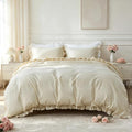 Simple&Opulence Kids 100% Organic Cotton Duvet Cover with Ruffle 88 x 92-3 PCS High End Floral Frill Lace Bedding, Romantic Cottagecore Style Comforter Cover with 2 Pillowcases, Beige Queen
