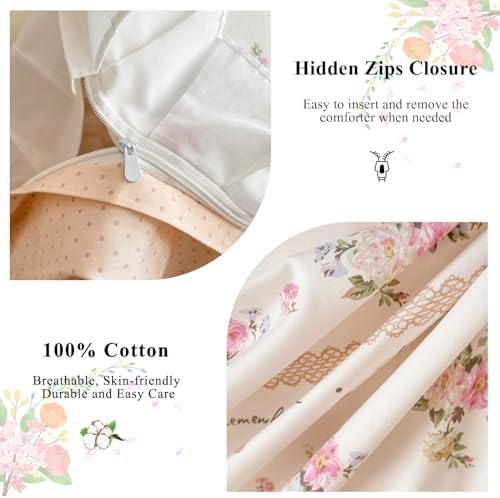 Ruffle Duvet Cover Set 100% Cotton Queen(90"x90"),Pink Flower