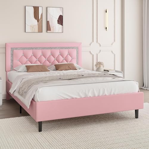 BarnFurin Queen Bed Frame with Tufted Button Headboard, Pink