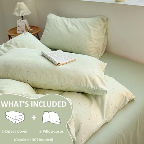 Cotton Muslin Duvet Cover Twin XL 3 Pcs, Green Polka Dot,68"×90"