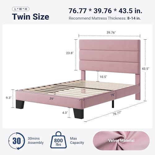 Allewie Twin Size Platform Bed Frame with Velvet Upholstered Headboard Pink