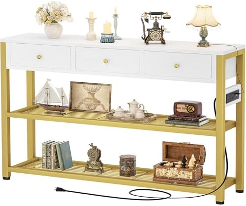 Ecoprsio 47'' Entryway Table with Outlets and USB Ports, Console Table with 3 Drawers, Sofa Table Narrow Long with Storage Shelves for Living Room, Couch, Hallway, Foyer, White and Golden