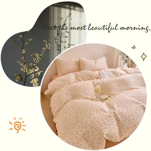 HighBuy Cottage Muslin Duvet Cover Twin Size Teen Girls Floral Bedding Set Farmhouse Chic Pink Floral Pattern Quilt Comforter Cover with Zipper Closure,Soft Cotton Gauze Bedding Set