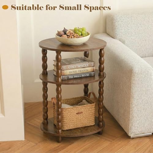 3-Tier Oval Side Table, Small End Table with Solid Wood Spindle Legs Brown