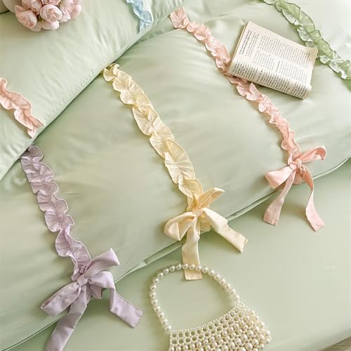 Rainbow Ruffles Bedding Set with Bow,Colorful Striped Duvet Cover, Cute Princess Style 2 PCS Duvet Cover Set-1 Duvet Cover and 1 Pillowcases for Girls Teens Bedroom,No Comforter