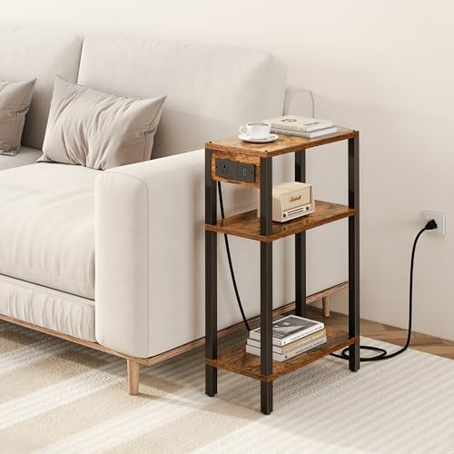 TUTOTAK Narrow Side Table, 3-Tier Small End Table with Charging Station