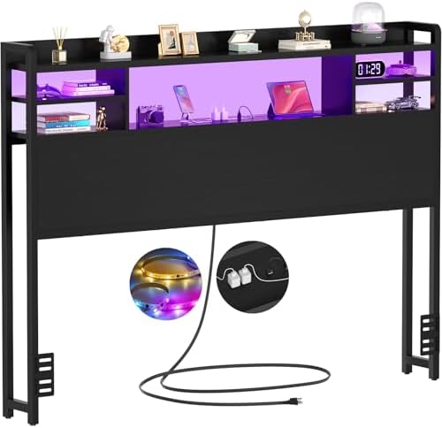 Aheaplus Headboard for Full Size Bed with Storage and Outlets, Black