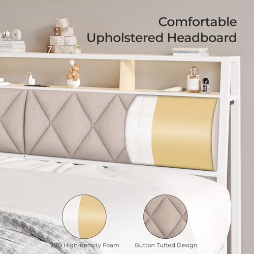 Headboard Queen Size with Storage, Charging Station & Lights, White & Beige