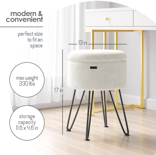 Round Ottoman with Storage, Boucle Storage Ottoman, Foot Stool Ottomans, Makeup Vanity Stool, Small Ottomans Foot Rest, Modern Vanity Stools for Living Room and Bedroom, Cream