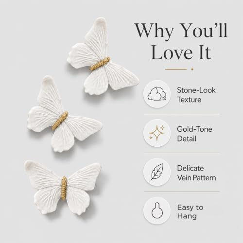 GUSFREUD 3D Butterfly Wall Decor Set – Resin Wall Decor for Living Room, Bedroom, Bathroom, Dining Room, Outdoor and Gallery Walls - Sandstone Gold - Set of 3