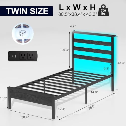 J.Fkne Twin Bed Frame with Headboard, Platform Bed with LED & Charging Station, Heavy Duty Metal Slats, No Box Spring Needed, Noise Free, Easy Assembly, Black