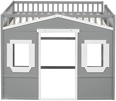 Full Size Wood Loft Bed, House Bed Frame with Ladder and Safety Guardrails for Kids, No Box Spring Needed, Gray+White