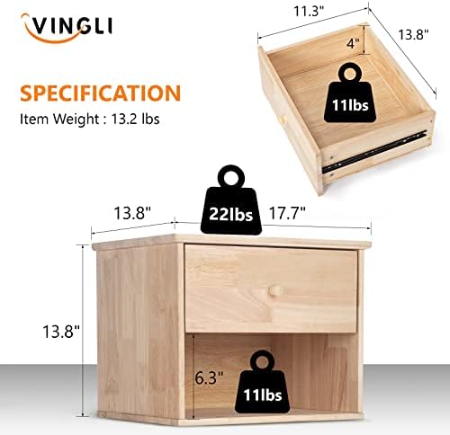 VINGLI Unfinished Natural Solid Wood Floating Nightstand for Bedroom, Small Nightstand with Drawer/Shelf, Farmhouse Night Stand Wall-Mounted Nightstand/Bedside Table for Small Space Color DIY