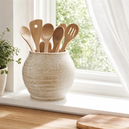 Briful Utensil Holder for Kitchen Counter, 7.4" Rustic Ceramic Vase Crock Decor, Beige Crocks Pottery Jar, Distressed Antique Storage Organizer for Modern Farmhouse, Cooking Tools Spoon Ladle