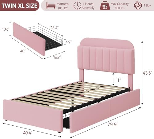 IDEALHOUSE Twin XL Bed Frame for Kids, Boucle Upholstered Platform Bed for Girls with 2 Flexible Drawers, Bookcase Headboard, Noise-Free, Easy Assembly, No Box Spring Needed, Pink