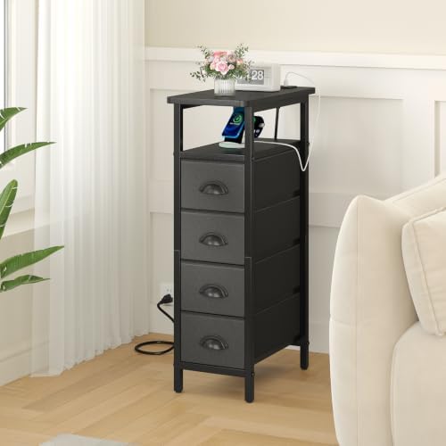 sthmec Side Table with Charging Station, Narrow End Table with 4 Drawers, Small Nightstands with Fabric Drawers,Slim Sofa Couch Side Tables for Small Spaces,Living Room,Bedroom, Black
