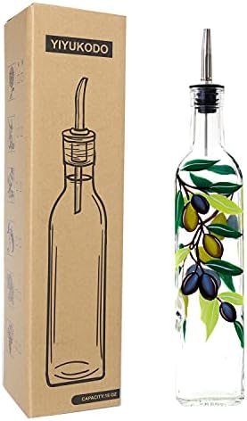 17oz Hand Painted Glass Olive Oil Bottle Dispenser - 500ml Green Oil & Vinegar Cruet with Pourers - Olive Oil Carafe Decanter for Kitchen (olive2)