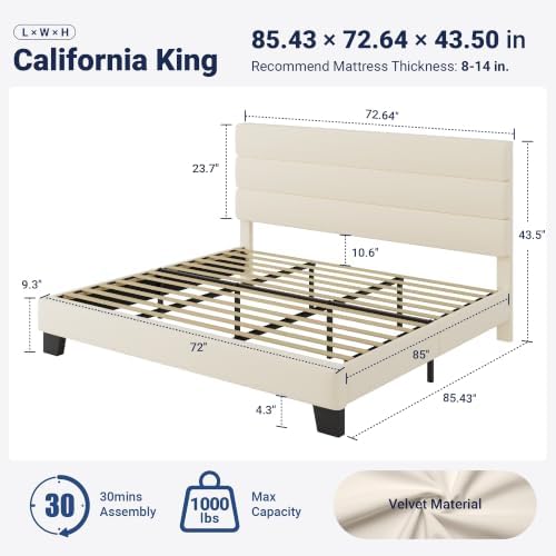 Allewie Cal King Size Platform Bed Frame with Velvet Upholstered Headboard