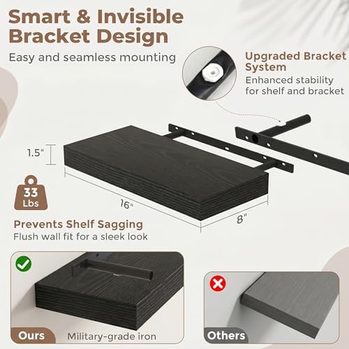16 Inch Floating Shelves for Wall, 8"D Wood Storage Shelves, Black Finish