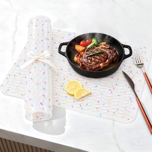 CAKETIME 2 Pack Silicone Dish Drying Mat for Kitchen Counter Shower Caddy Waterproof Heat Resistant Dishwasher Safe Coffee Bar Placemats Essentials 15"x11.5" Transparent Stripes