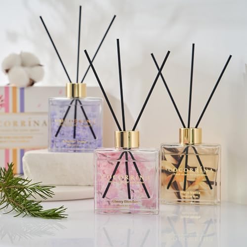 COCORRÍNA Reed Diffuser Set of 3-3 Pack/ 3.04 Fl.oz Diffuser with 24 Sticks Warm Vanilla/Cherry Blossom/Lavender Thyme Reed Diffuser for Home Bathroom Office Shelf Decor