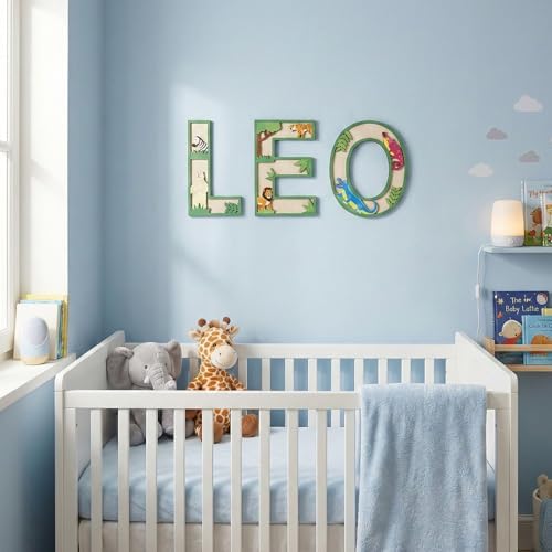 3D Layered Safari Nursery Wooden Letters for Wall Decor, 11.8" Green Large Baby Name Sign for Nursery, Animal Wood Alphabet Letter H Kids Room Initials for Front Door Shelf Home Decorations
