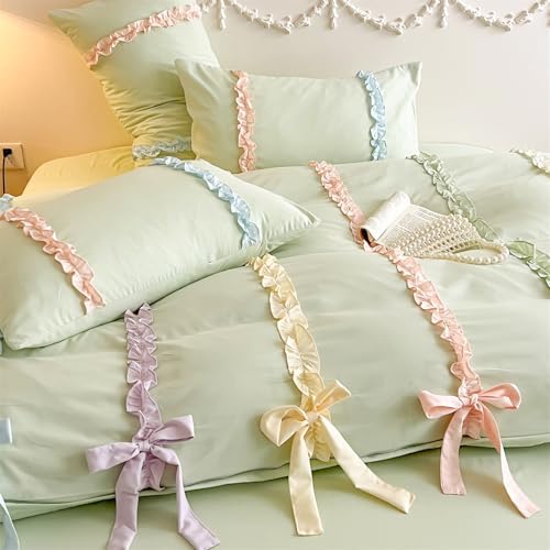 Rainbow Ruffles Bedding Set with Bow,Colorful Striped Duvet Cover, Cute Princess Style 2 PCS Duvet Cover Set-1 Duvet Cover and 1 Pillowcases for Girls Teens Bedroom,No Comforter