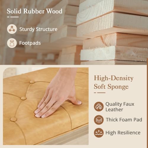 LUE BONA 60" Leather End of Bed Bench, Upholstered Tufted French Bedroom Bench with Carved Wood Legs for Bedroom End of King Size Bed, Living Room, Honey Tan