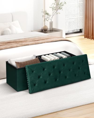 B FSOBEIIALEO Storage Ottoman Bench, 43" Velvet Ottoman With Storage, Green