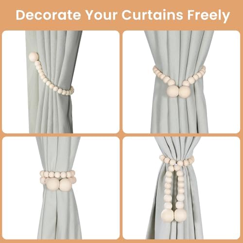 KLOGTSIND Magnetic Curtain Tiebacks, 2 Pack Wood Bead Curtain Holdbacks