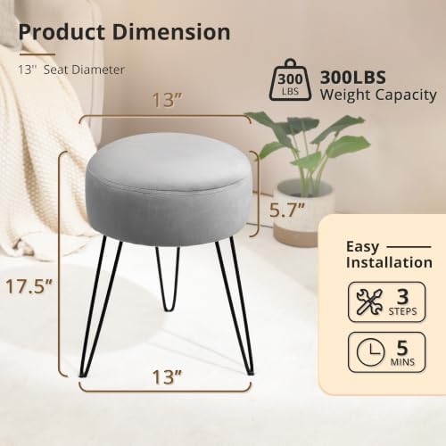 LUE BONA Vanity Stool, Gray Vanity Stools for Makeup Room, Round Ottoman Foot Stool, Velvet Footrest Vanity Chair for Bathroom Vanity, Bedroom, Living Room, Entryway, Offices, 300lbs