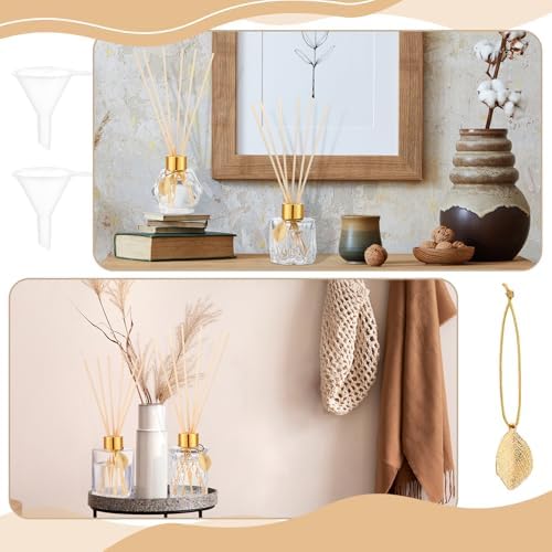 6 Pcs Reed Diffuser Gift Set Empty Reed Diffuser Bottle and 30 Pcs Sticks with Metallic Leaves Decoration Funnels 3.4 oz Fragrance Glass Prismatic Bottles for Essential Oil DIY Home Office, 6 Styles