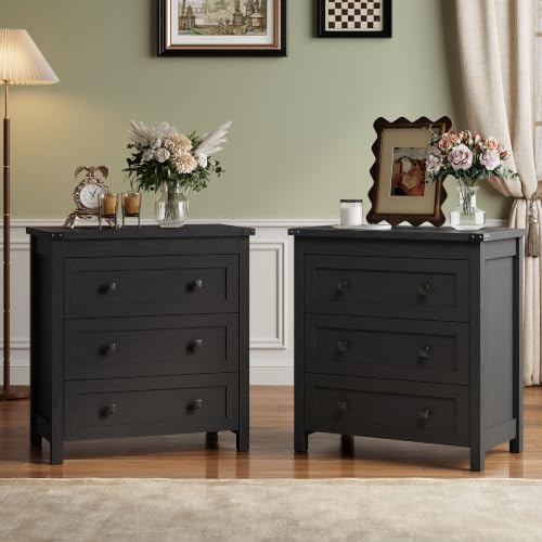 Farmhouse Nightstands Set of 2, Bedside Table with Drawers, Black