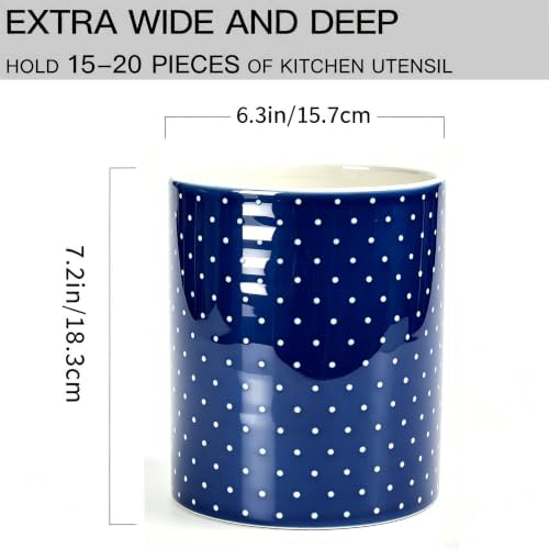 Kitchen Utensil Holder,7.2-inch Extra Large Ceramic Polka Dots Pattern Utensil Crock,Cooking Utensil Organizer for Kitchen Counter Decor,Storage Caddy Farmhouse Gift Dark Blue