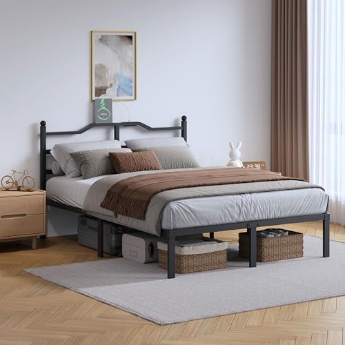 Metal Bed Frame with Charging Station - 14 Inch King Size Heavy Duty Bedframe with Headboard Black Basic Steel Slats Platform No Box Spring Needed/Noise Free