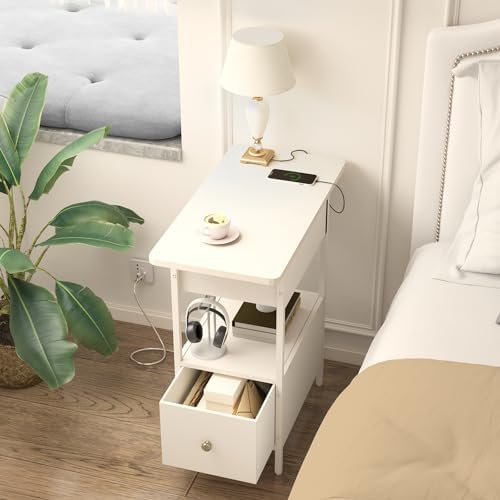 SOOWERY End Table with Charging Station, Narrow Side Table for Living Room