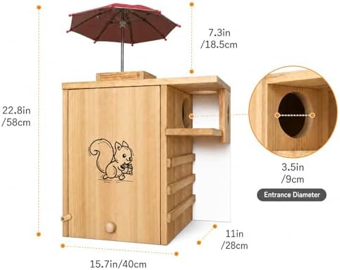 Large Wooden Squirrel House Outdoor，Nest Box with Feeder & Predator Guard
