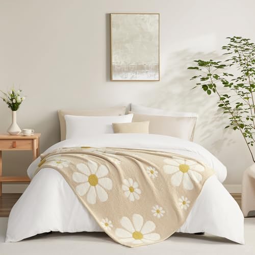 Snuggle Sac Flower Throw Blanket for Couch, Fuzzy Microfiber Floral Blankets, Cute Throws for Girls Daughter Gifts, Flower Beige, 50x60 inches