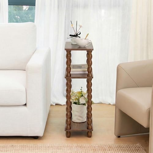 3-Tier Narrow Side Table, Skinny End Table with Wood Spindle Legs Brown